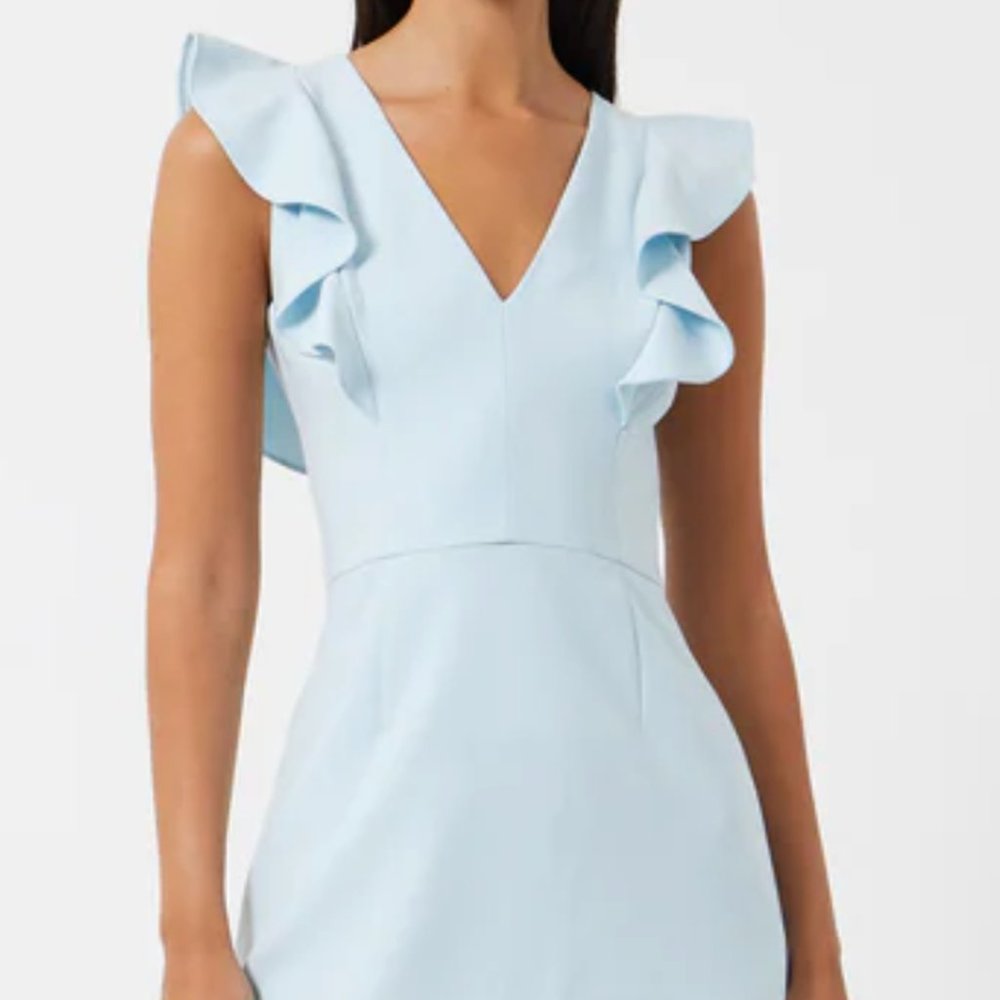 French Connection Whisper Ruffle V Neck Dress Light Dream Blue